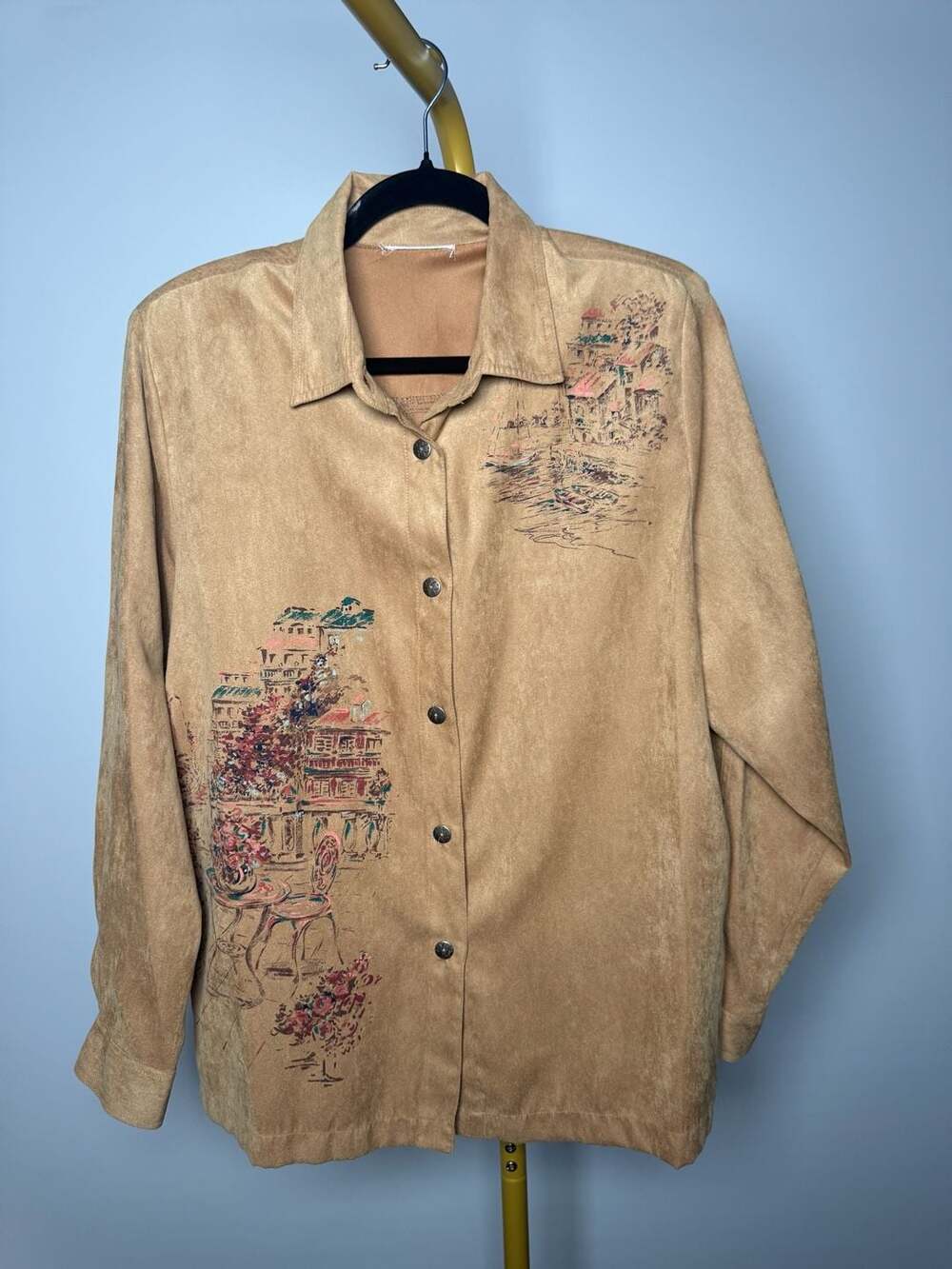 Vintage Suede Look Button-Up Shirt with Painted Village Scene